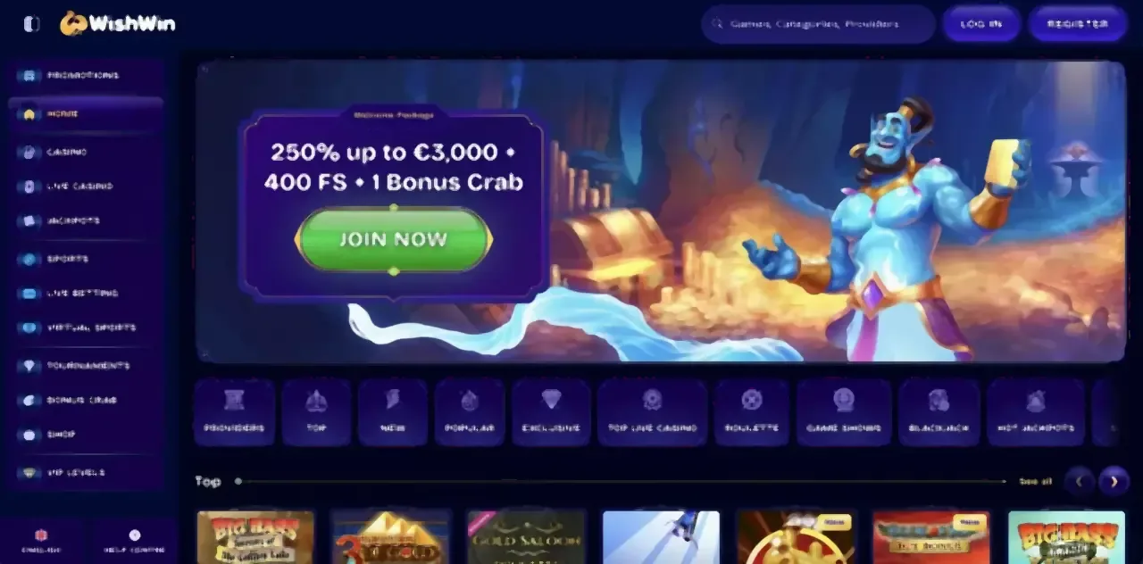 A WishWin Casino kezdőoldala magyar játékos nézetében – képernyőkép
