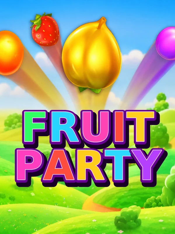 Fruit Party nyerőgép borítója – repülő gyümölcsök napsütötte zöld tájon (Pragmatic Play)